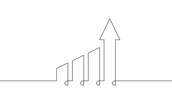 Continuous line illustration of increasing graph. Vector art of rising arrow up. Simple icon of bar chart. One line design of financial growth