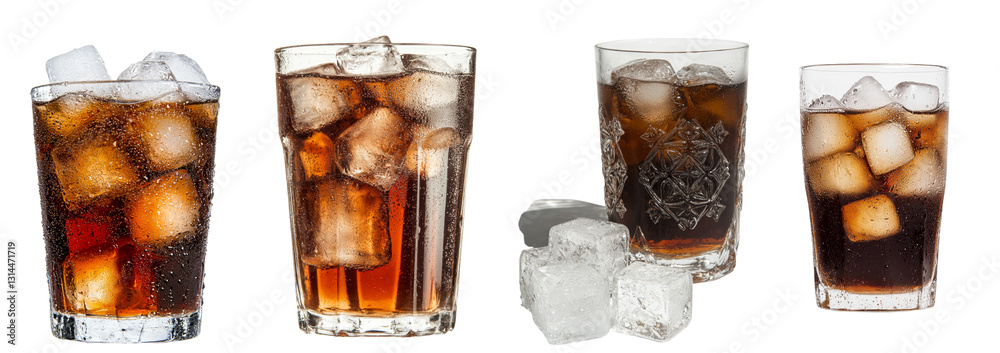 Poster a tall glass of cola with ice cubes, symbolizing a refreshing drink, is depicted in isolation on a t