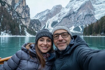 Romantic couple of adults in love taking selfie on a boat visiting an alpine lake at Braies, Italy - Couple, technology, travel and happy lifestyle concept - Cold