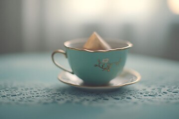 Fototapeta premium vintage teacup with gold rim on pastel tablecloth