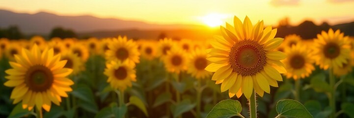 Obraz premium Close-up of sunflower field at golden hour in Claremont countryside, sunset, rural