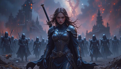 A female warrior in dark blue armor stands in front of a line of soldiers, her long brown hair flowing in the wind. Her sword is strapped to her back, and she looks determined and ready for battle. 