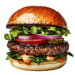 Juicy Gourmet Burger with Fresh Vegetables on a Toasted Bun