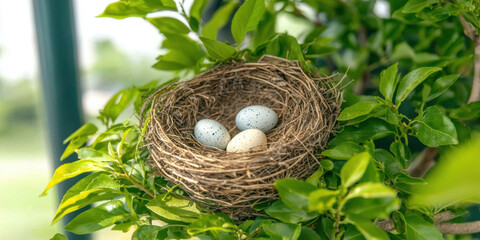 Fototapeta premium close up of robin nest with speckled eggs nestled among green leaves, showcasing nature beauty and tranquility