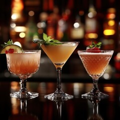 Three Elegant Cocktails on a Bar Top with Lush Garnishes and Soft Bokeh Background Creating a Sophisticated and Inviting Atmosphere for a Night Out