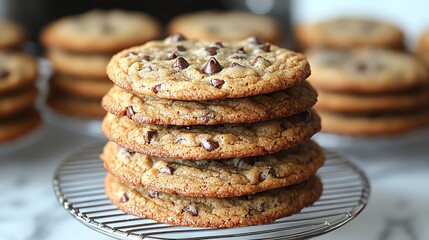 Delicious chocolate chip cookies stacked on a wire rack, perfect for dessert lovers.