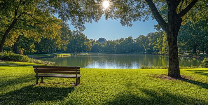 A large green lawn with trees and grass, a pond in the foreground, a park bench on the right side of the lake