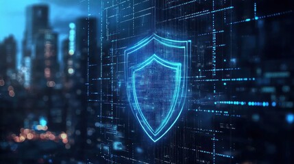 Cybersecurity shield graphic over cityscape