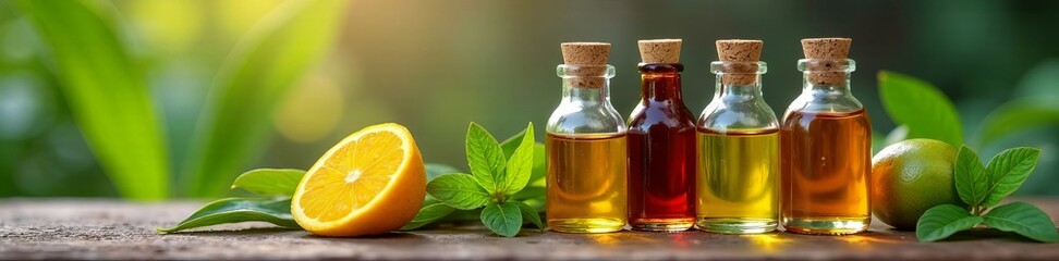 Collection of different aromatic essential oils in glass bottles on blurred background, fragrant, glass
