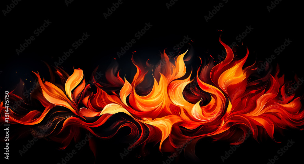 Poster Abstract fiery design on a dark backdrop. Vivid orange and red flames intertwine, creating a dynamic and intense visual effect against the black background.