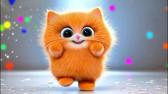 Cute cheerful funny orange cat dancing and smiling. Cartoon happy kitten at disco with lights, kids party, birthday. Red fluffy kitten with big eyes and long eyelashes dancing cheerfully