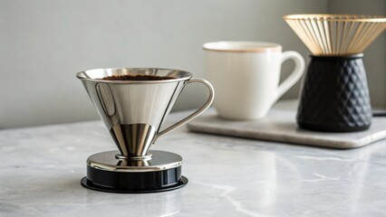 Brewing Ritual: A close-up captures the elegant dance of coffee brewing, with a stainless steel pour-over cone taking center stage, hinting at a morning ritual of rich flavor.