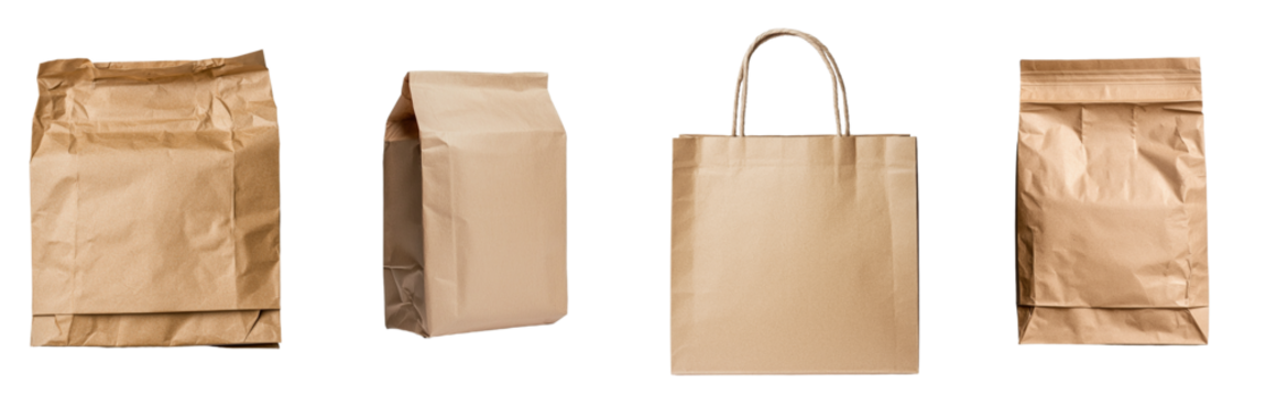 This png image shows a brown paper bag, identifiable by its folded top, which is commonly used to carry groceries or pack lunches, on a transparent background