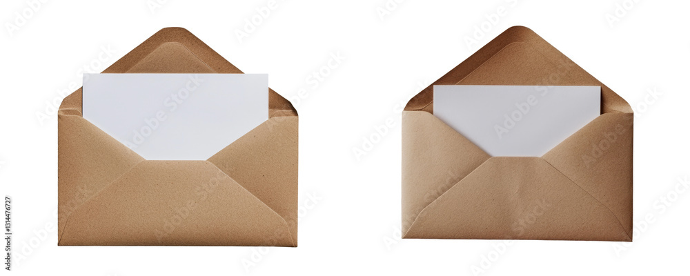 Poster An open brown envelope with a letter inside is displayed on a transparent background in png, illustrating its function in correspondence, mailing, and document organization