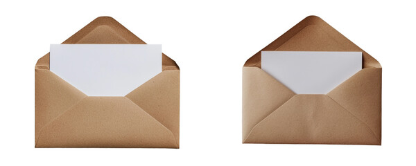 An open brown envelope with a letter inside is displayed on a transparent background in png, illustrating its function in correspondence, mailing, and document organization