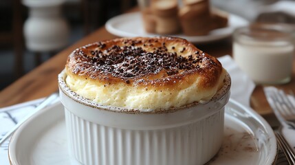 Delicious chocolate dessert souffle served in a ramekin on a wooden table.