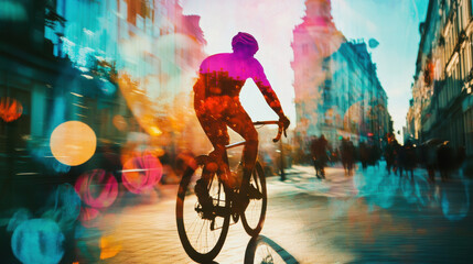 cyclist riding through vibrant city streets, surrounded by colorful bokeh