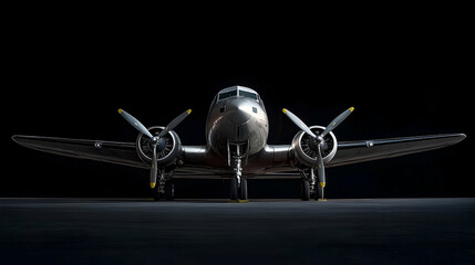 Fototapeta premium Dramatic Spotlight On Silver Vintage Airplane On Dark Tarmac At Night