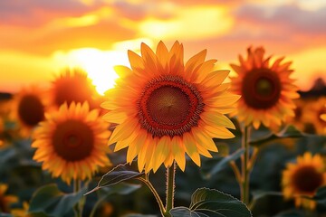 Obraz premium Sunflower Field at Sunset Golden Hour