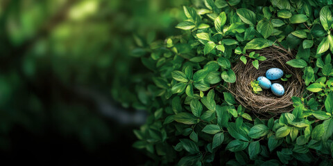 Obraz premium close up of robin nest with blue eggs nestled among green leaves, showcasing nature beauty and tranquility