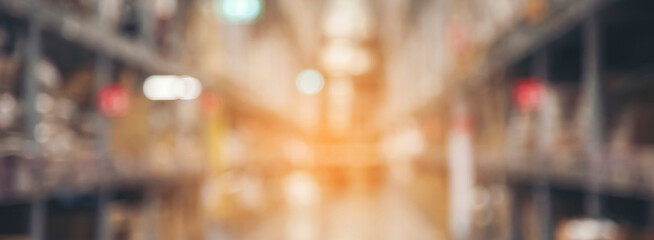 Banner Warehouse background storage inventory shelf freight container aisle space. Goods supply lot shelf store box pallet. Banner packaging on steel rack aisle storehouse inventory with copy space