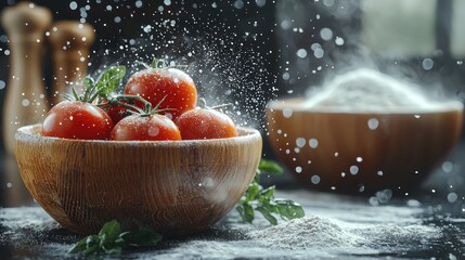 Tomatoes and flour in a wooden bowl with falling flour, rustic kitchen