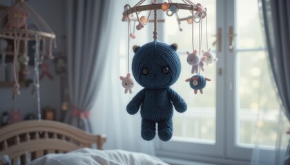 Adorable Yarn Baby Mobile Hanging in Nursery Room Near Crib