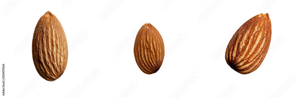 Poster a detailed almond nut, isolated on white to display its texture and natural brown color, is also off