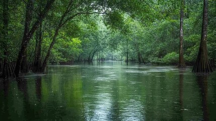 Serene waterway winding through a lush green forest canopy reflection on the water tranquil nature scene peaceful landscape scenic beauty
