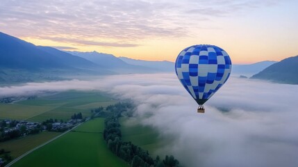 A hot air balloon floating above a scenic valley at sunrise, peaceful and breathtaking