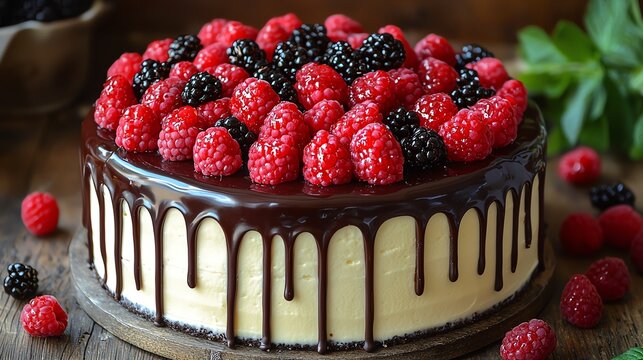 Delicious chocolate raspberry cake topped with fresh berries on a rustic wooden table.
