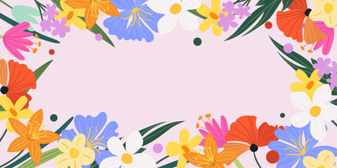 Spring background frame with blooming flowers in vector, flat style.