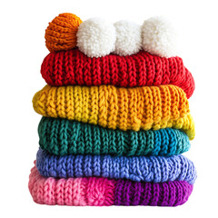 Chunky Knit Scarves with Oversized Pompoms and Colorful Knitted Hats Isolated on Transparent Background