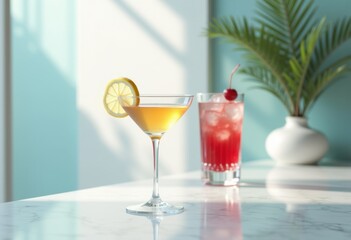 elegant stylish drink pairing displayed minimalist background emphasizing clean lines color contrast, cocktail, beverage, garnish, glassware, ice, fruit