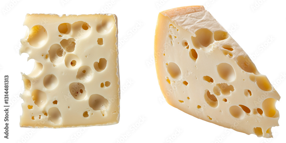 Poster the wedge of swiss cheese, distinguished by its large characteristic holes, showcases a smooth textu
