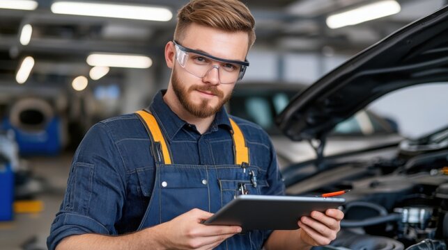 A mechanic, holding a tablet in one hand and an oil dipstick in the other, cross-checks engine diagnostics while inspecting a carâ€™s engine
