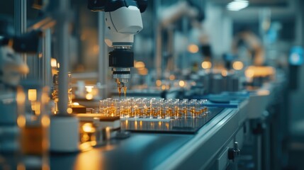 Automated robotic arm precisely dispensing amber liquid into glass vials on a production line