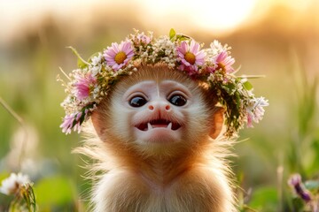 Fototapeta premium Summer happiness. Cute baby animal tamarin wearing untamed flower wreath on its head. Golden hour in sunset. Wild animal and soft floral glow. Magical summer scene with wildlife.