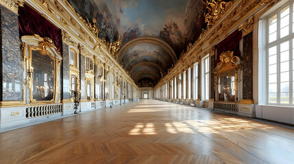 Grand Hall of Mirrors in Palace of Versailles With Ornate Golden Decor Sunlight Streaming Through Large Windows