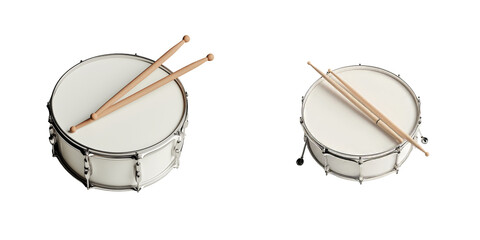 A 3D illustration of a drum is shown with wooden drumsticks placed on it, isolated on a transparent background as a png