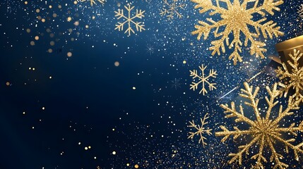 Abstract Gold Snowflakes Scattered on Dark Blue Gradient Luxury Winter Holiday Background