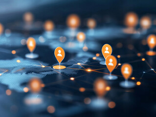Abstract visualization of interconnected customer data with location markers, showcasing network of connections and