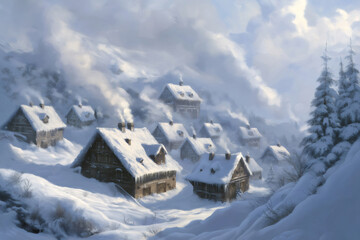 Smoke is rising from the chimneys of wooden houses covered with snow in a mountain village, creating a cozy winter atmosphere