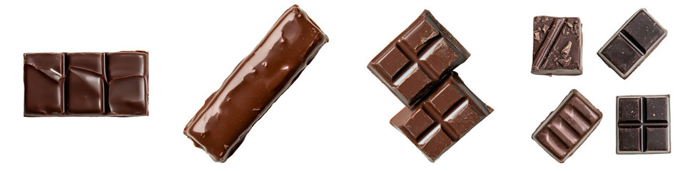 Fototapeta premium A rich and indulgent chocolate treat is depicted in a 3D illustration, featuring smooth square pieces of chocolate and a glossy surface, all of which is isolated on a transparent background and