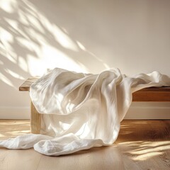 Ethereal Linen Draped Over Wooden Bench Setting