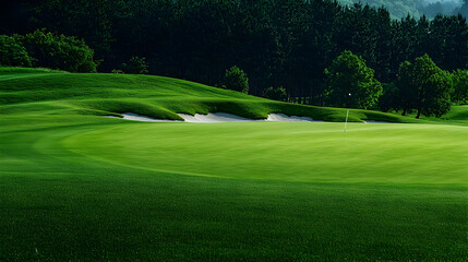 Vibrant Green Golf Course Landscape With Lush Grass Trees And Sand Bunker Under Summer Sunlight