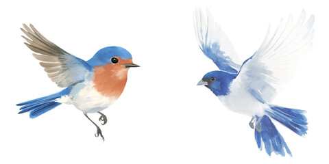 Obraz premium This png image features a watercolor illustration of a blue bird with its wings outstretched, flying, and isolated on a transparent background