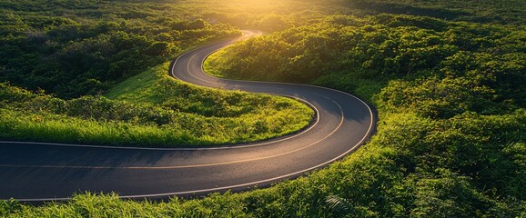 Winding Road Through Lush Forest at Sunrise