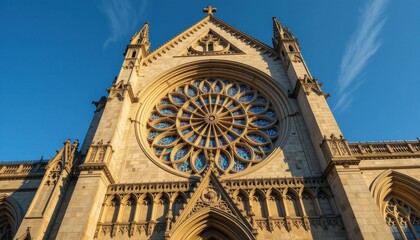 Majestic Gothic Cathedral Exterior with Stunning Rose Window Architectural Detail