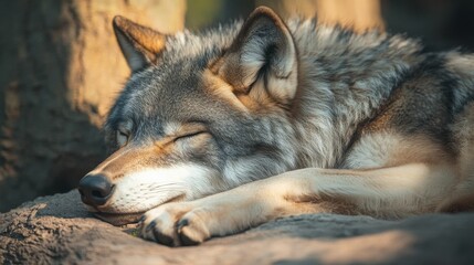 Obraz premium Sleeping Wolf. Majestic Grey Beast Resting in the Wild